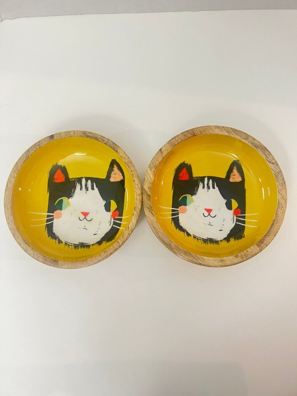 Danica Cat Meow Meow Bowls Set 2 Mango Wood Enamel Yellow Pet Food Small Dish